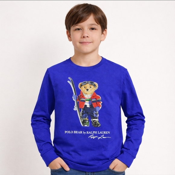 Polo Ralph Lauren Boys XL (18–20) Skiing Polo Bear Long Sleeve Tee Blue NWOT New - Picture 2 of 9
